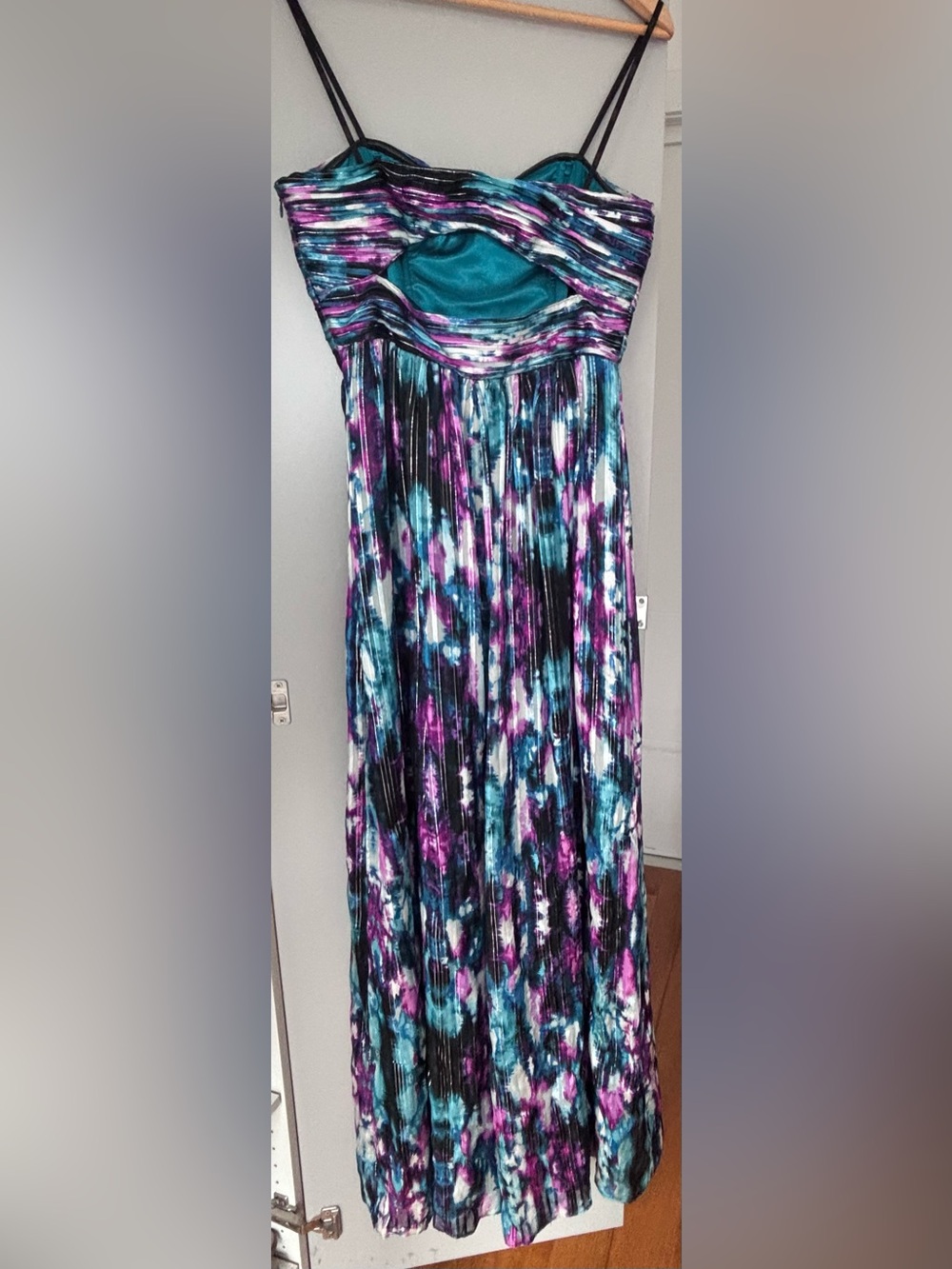 Laundry By Shelli Segal Teal, Purple & Black Pleated Tie-Dye Maxi Dress